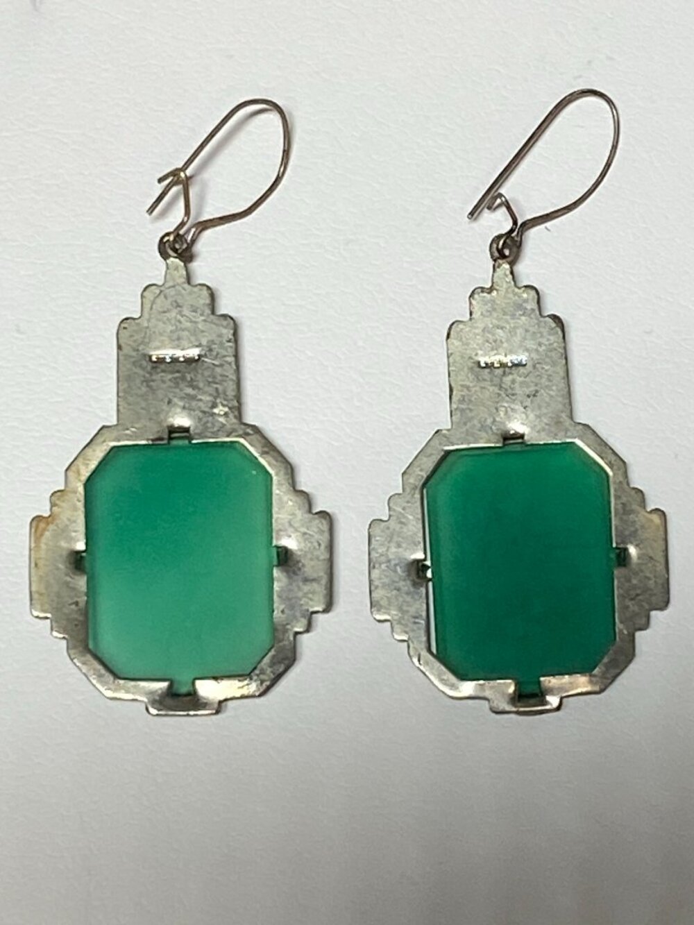 Art Deco 1930s Chrysoprase Marcasite Sterling Silver Earrings Antique - Picture 6 of 15